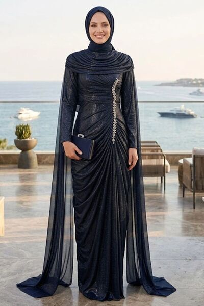 N.S NEVA STYLE فستان سهرة إسلامي باللون الأزرق الداكن مع عباءة 56501L