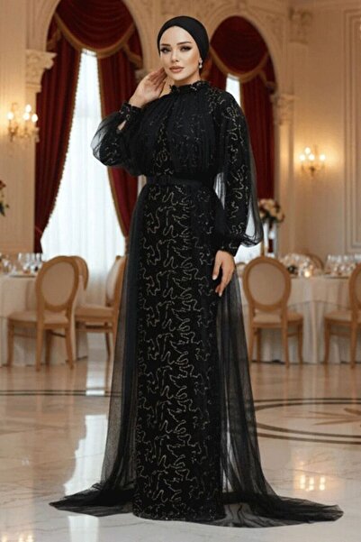 Neva Style Pul Payetli Gold Tesettür Abiye Elbise 54410GOLD