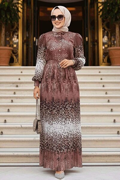 Neva Style Leopard Patterned Brown Hijab Dress 3878Kh