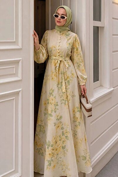 N.S NEVA STYLE Floral Patterned Yellow Hijab Dress with Button Detail 5339Sr