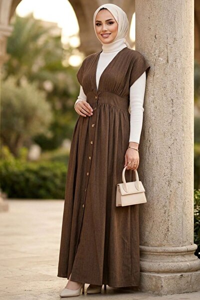 N.S NEVA STYLE Buttoned Camel Hijab Gile Dress 6284C