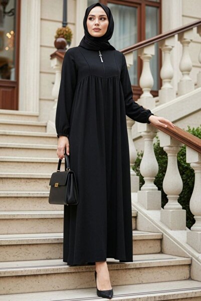 N.S NEVA STYLE Zippered Black Hijab Robe 45318S