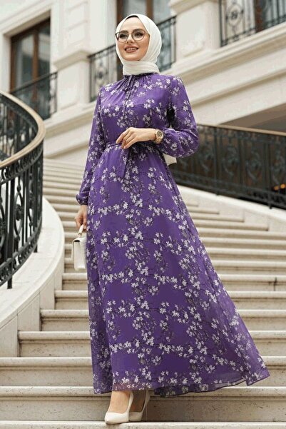 Neva Style Çiçek Desenli Lila Tesettür Elbise 279048LILA