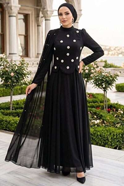 N.S NEVA STYLE فستان سهرة أديانا بتفاصيل من اللؤلؤ الأسود مع عباءة 5680S