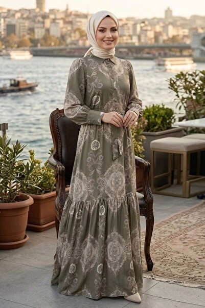 N.S NEVA STYLE Floral Patterned Belted Jessica Khaki Hijab Dress 15063Hk