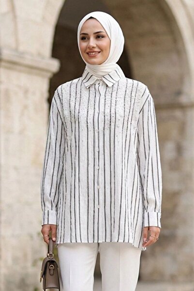 Neva Style Vertical Striped Bamboo Black Hijab Shirt 15360S