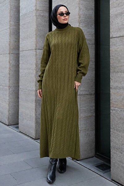 N.S NEVA STYLE Hair Braid Patterned Oil Green Hijab Knitwear Dress 30312Yy