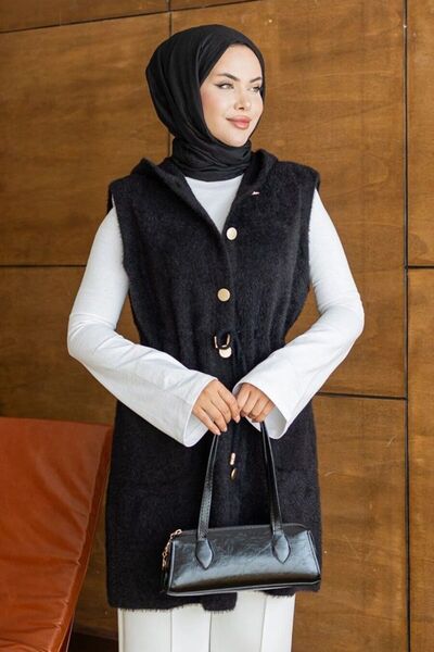 Neva Style Hooded, Tie-Waist, Black, Hijab-Friendly Knitwear Vest 251485S