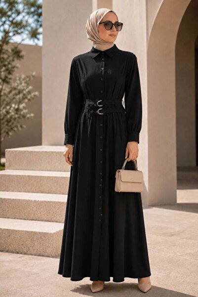 Neva Style Shirt Collar Belted Black Hijab Dress 30951S