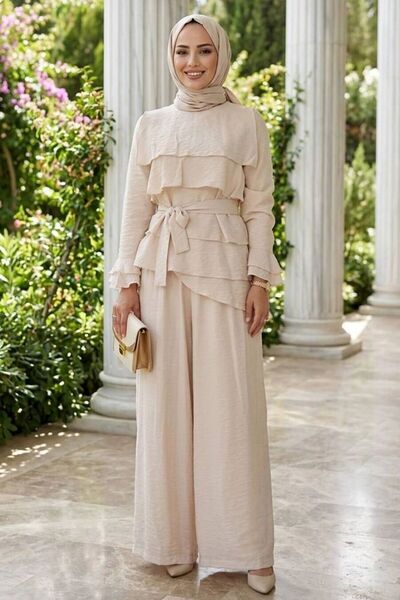 Neva Style Tül Modal Bej Fırfırlı Tesettür İkili Takım 95728BEJ