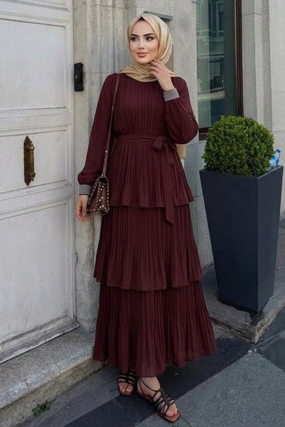 N.S NEVA STYLE Stone Collar Belt Detailed Dark Brown Hijab Evening Dress 5719Kkh