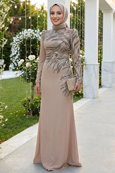 Neva Style Bead Embroidered Mink Hijab Evening Dress 51012V