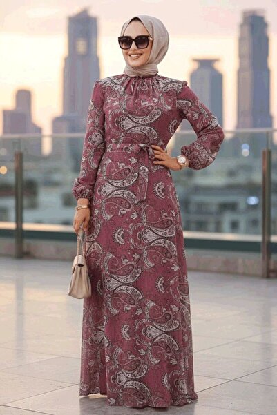 Neva Style Floral Patterned Dusty Rose Hijab Dress 279081Gk