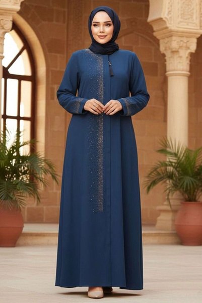 N.S NEVA STYLE عباءة حجاب زرقاء نيلي مزينة بالخرز 26331IM