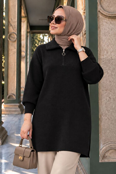 N.S NEVA STYLE سترة تريكو سوداء بسحّاب على الرقبة 10912S