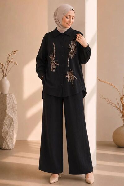 Neva Style Çiçek Nakışlı Zara Saten Siyah Tesettür İkili Takım 15695S
