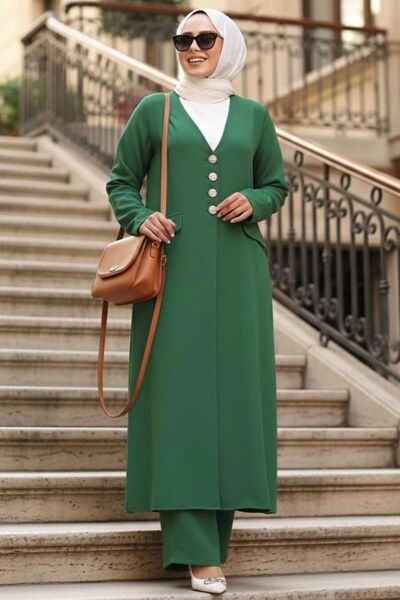 N.S NEVA STYLE Jacketed Green Hijab Three Piece Set 7678Y