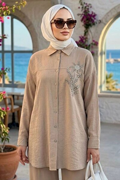 N.S NEVA STYLE قميص إسلامي بيج بأزرار 10084BEJ