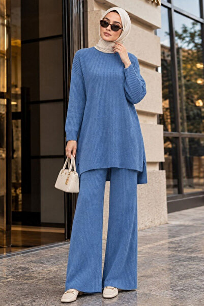 Neva Style Sax Blue Hijab Knitwear Double Set 33450SX