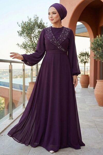 Neva Style Boncuk Detaylı Mürdüm Tesettür Abiye Elbise 22153MU