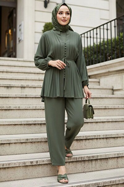 N.S NEVA STYLE Pile Detailed Khaki Hijab Double Set 19031Hk