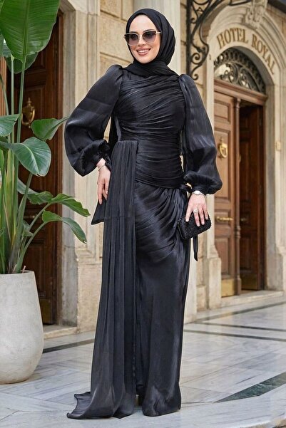 Neva Style Black Hijab Evening Dress with Tail Detail 48491S