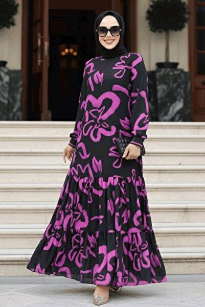 Neva Style Patterned Fuchsia Hijab Dress 12437F