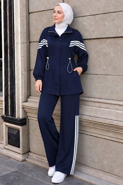 Neva Style Oysho Navy Blue Hijab Pants Set with Sleeve Ribbon Detail and Pock...