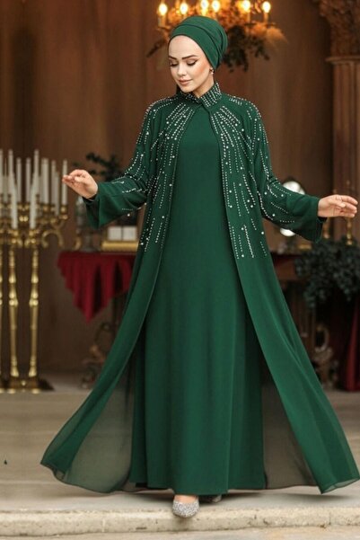 Neva Style Boncuk İşlemeli Zümrüt Yeşili Tesettür Abaya Takım 25903ZY