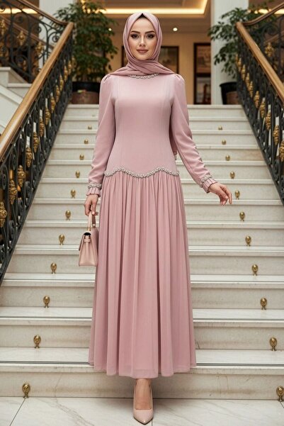 N.S NEVA STYLE Bead Detailed Powder Hijab Evening Dress 55212Pd