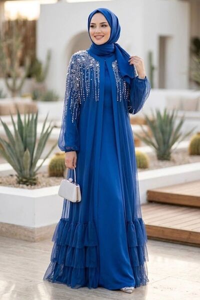 Neva Style Taş İşlemeli Koyu İndigo Mavisi Tül Fırfırlı Tesettür Abaya 60882KIM