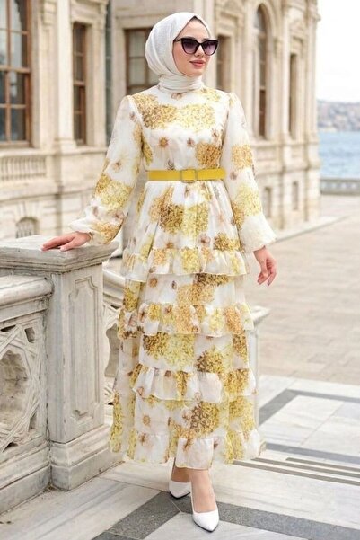 N.S NEVA STYLE Floral Patterned Belted Mustard Hijab Dress 42192Hr