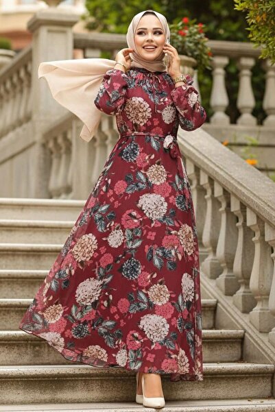 Neva Style Floral Patterned Burgundy Hijab Dress 279083Br