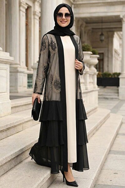 Neva Style Nakışlı Güpür Siyah Fırfırlı Tesettür Abaya 63262S