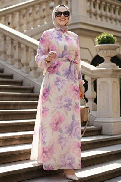 Neva Style Floral Patterned Lilac Hijab Dress 279918Lila