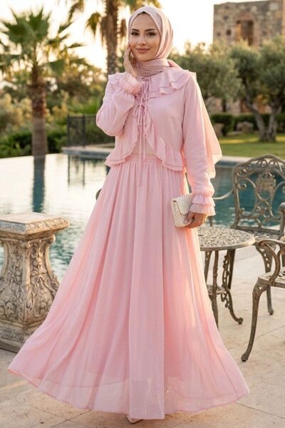 Neva Style Fırfırlı Pembe Tesettür Gömlek Etek Takım 1397P