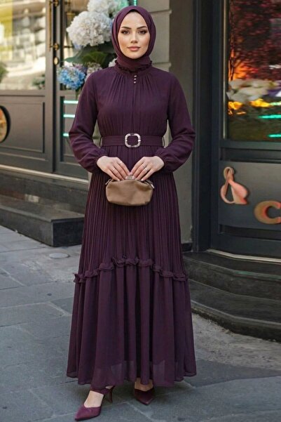 N.S NEVA STYLE Bitter Hijab Dress with Buckle Belt 24683Bt