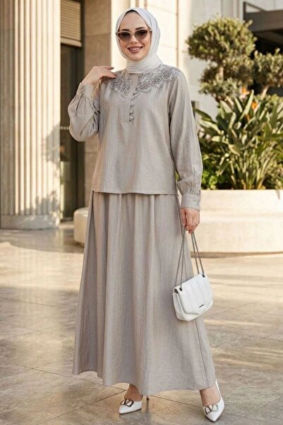 Neva Style طقم إسلامي مكون من قطعتين باللون البيج مع تنورة 20364BEJ