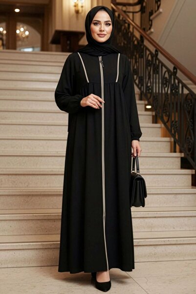 N.S NEVA STYLE Zippered Black Beige Hijab Ferace 45318Sbej