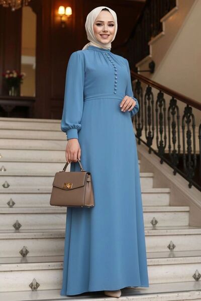 Neva Style Button Detailed Indigo Blue Hijab Dress 2703Im