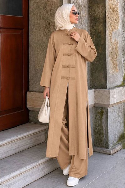 Neva Style Hakim Yaka Düğme Detaylı Oysho Bisküvi Tesettür Pantolon Takım 1406BS