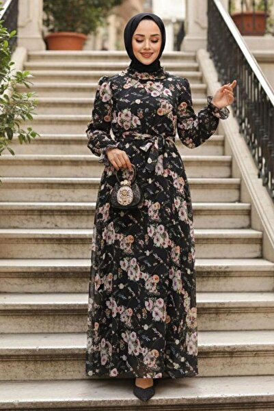 Neva Style Floral Patterned Black Hijab Dress 29711S