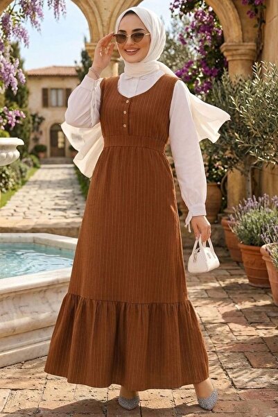Neva Style Çizgili Kahverengi Tesettür Jile Elbise 70501KH
