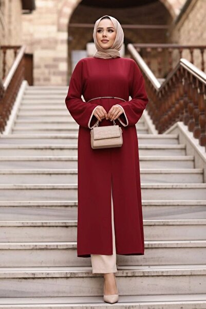 N.S NEVA STYLE Slit Detailed Burgundy Hijab Double Set 76112Br