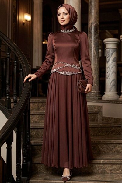 N.S NEVA STYLE فستان سهرة بني مزين بالخرز للحفلات الإسلامية 55991KH