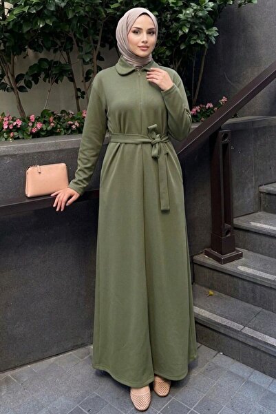 Neva Style Zippered Khaki Hijab Dress 17872Hk