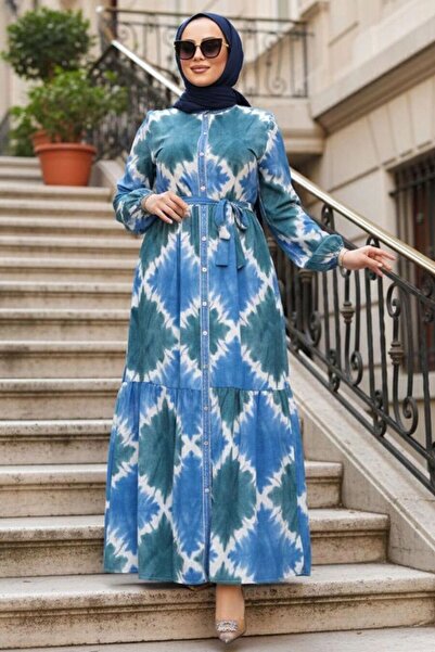 N.S NEVA STYLE فستان حجاب أزرق نيلي منقوش 23922IM
