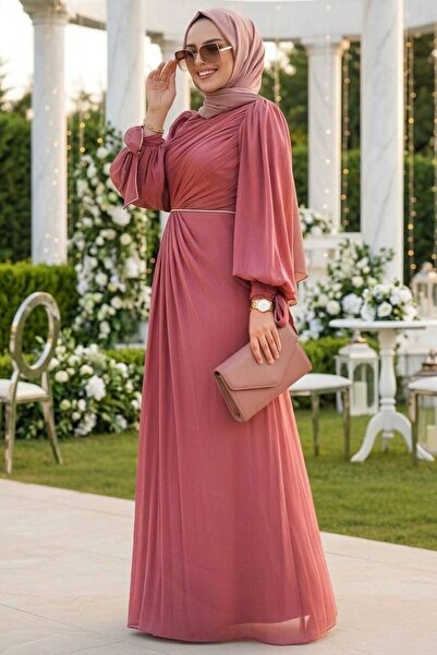 N.S NEVA STYLE Drape Detailed Dark Dusty Rose Hijab Evening Dress 50193Kgk