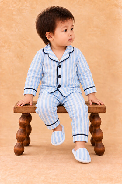 Rocha Baby Çizgili Çocuk Pijama Takımı Terlikli 3 Parça Fitilli Ev Giyim Seti