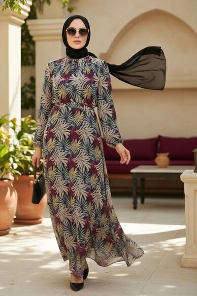 Neva Style Floral Patterned Burgundy Hijab Dress 279076Br